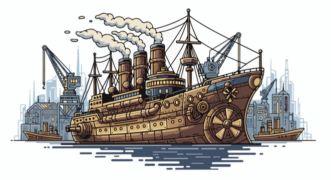 A grand steampunk vessel with multiple smokestacks billows steam near a bustling industrial harbor with cranes and other ships