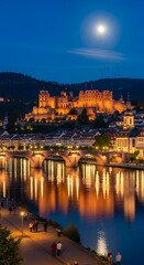 Obraz premium Historic Castle Illuminated by Moonlight Over River City.
