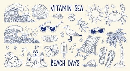 Obraz premium Summer beach vector illustration set seashells waves sun and tropical elements