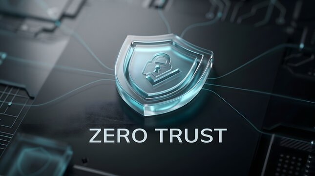 3D render of a glass shield with padlock and checkmark, text zero trust