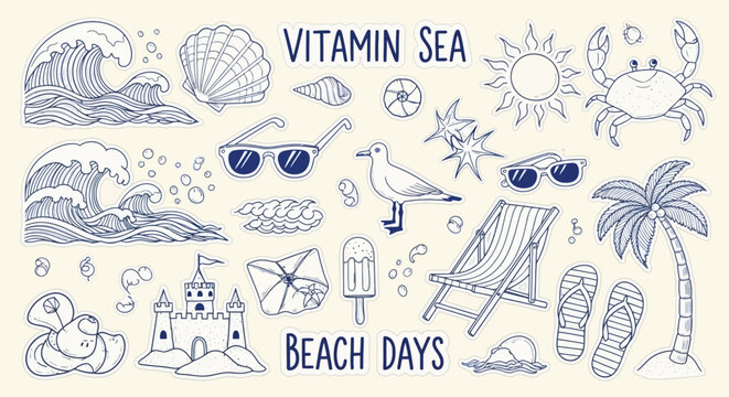 Summer beach vector illustration set seashells waves sun and tropical elements