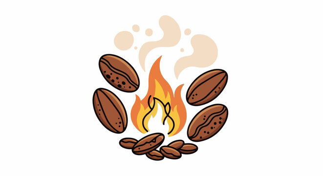 A whimsical illustration depicts coffee beans being roasted over a cozy campfire with steam rising