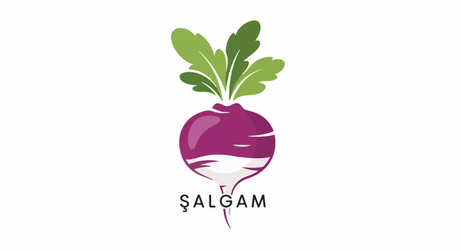Stylized illustration of a purple root vegetable with green leaves and text below
