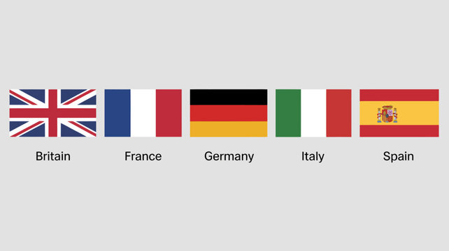 five national flags vector illustration britain france germany italy spain flag country symbol identity culture graphic design icon patriotic international world