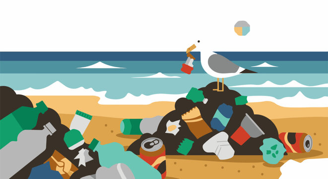 Beach is littered with garbage and a seagull tries to eat plastic