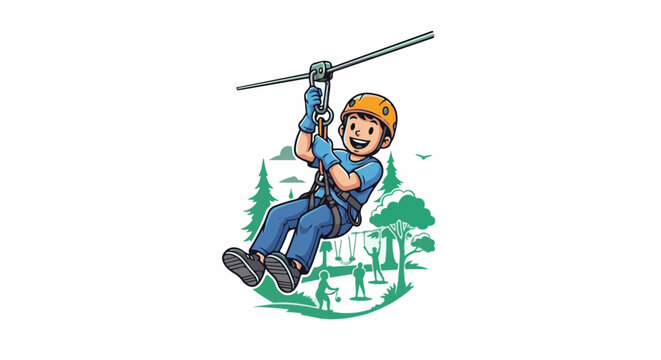 Cheerful child zip-lining through a green forest adventure park with friends