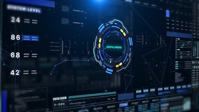 HUD futuristic spinning circle crosshair element with digital data, chart for business development, game, technology motion 4K motion