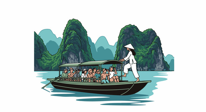 A boat trip with tourists navigates through majestic limestone karsts in a serene turquoise bay