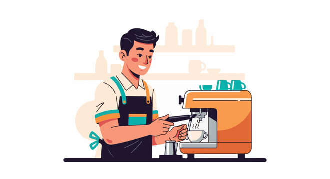 A smiling barista prepares coffee at a machine, steam rising from a cup