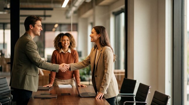 Young professionals shaking hands across conference table, smiling and closing deal in modern office with natural light and collaborative atmosphere