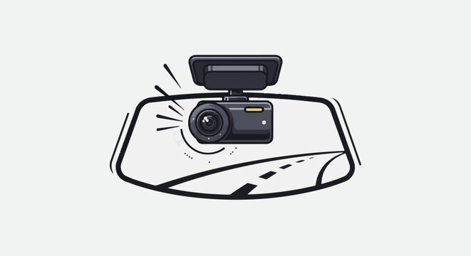 A compact camera is mounted on the windshield, capturing a road ahead