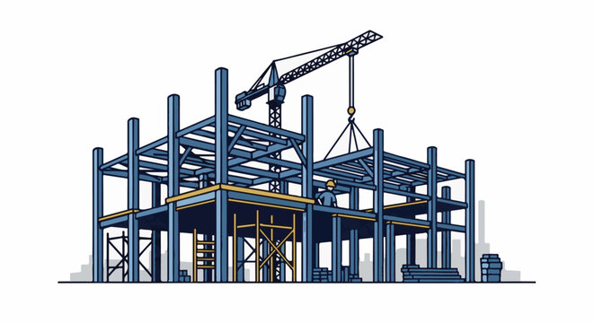 Industrial construction site with crane lifting steel beams and a worker overseeing the process