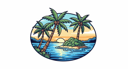 Obraz premium Idyllic tropical island scene with palm trees, ocean, and sunset
