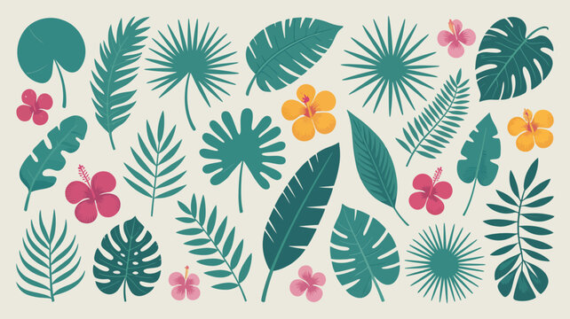 tropical leaves and flowers vector illustration botanical nature floral pattern design green yellow pink monstera hibiscus palm leaf exotic summer vacation