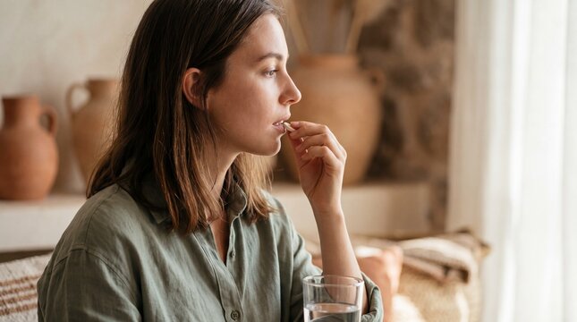 Young adult female taking vitamin capsule by glass of water in cozy sunlit living room, calm thoughtful expression and natural morning routine