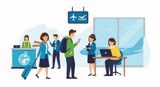 Travelers at airport check-in counter with plane visible through window