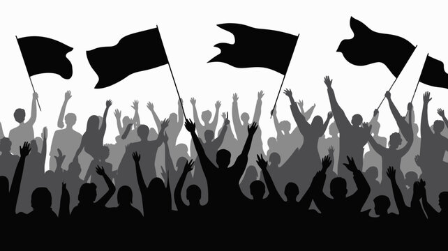 crowd silhouette with flags black and white people event gathering protest celebration monochrome vector illustration background transparent activism unity demonstration assembly