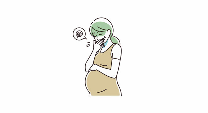 Pregnant woman looking unwell, covering mouth with hand, green face and swirl symbol