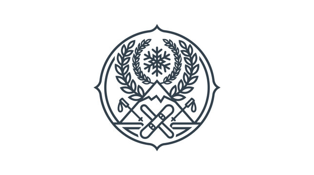 Circular winter mountain ski resort crest line art logo.