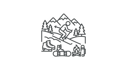 Fototapeta premium Minimalist cozy winter camping and skiing line art.