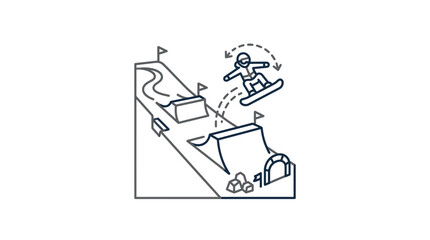Fototapeta premium Minimal line art snowboarder jumping over a park ramp.