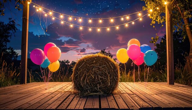 Rustic outdoor stage with hay bale, colorful balloons, and fairy lights