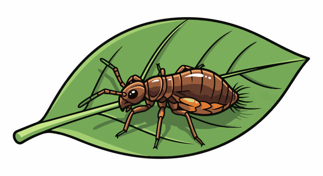 Cartoon brown insect with antennae on a green leaf