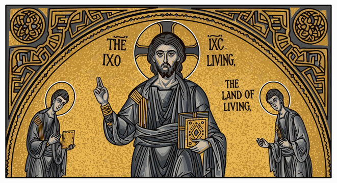 Byzantine-style mosaic of Christ flanked by two figures, holding a book and raising a hand