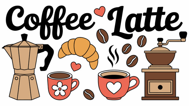 coffee latte illustration with cups croissant beans moka pot grinder steaming heart flower vector art graphic design breakfast morning cafe food