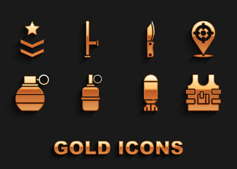 Obraz premium Set Hand grenade, Target sport, Bulletproof vest, Aviation bomb, Military knife, rank and Police rubber baton icon. Vector