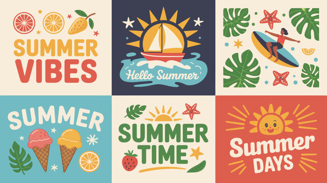 summer themed vector illustrations vibes hello time days sailboat surfing ice cream sun orange slice illustration graphic design pattern background seasonal