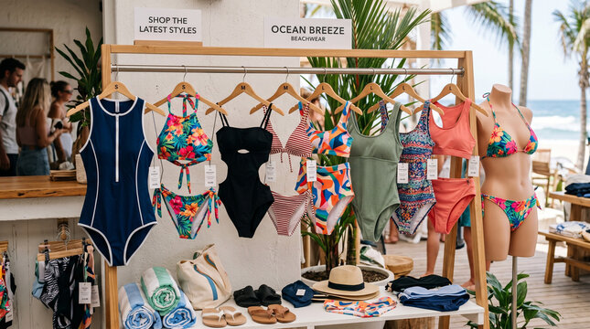 Display of various swimwear styles in beachside shop  