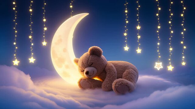 Cute Teddy Bear Sleeping on Crescent Moon Among Glowing Stars. Seamless looping 4k video background