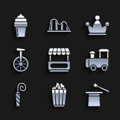 Set Fast street food cart, Popcorn in box, Magic hat and wand, Toy train, Birthday party horn, Unicycle one wheel bicycle, Jester with bells and Ice cream icon. Vector © Oksana