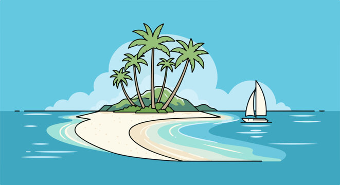 Idyllic tropical island with palm trees, sandy beach, clear turquoise water, and a sailboat