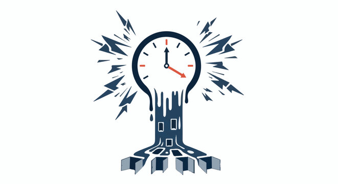 Abstract melting clock with explosive rays, a building, and books
