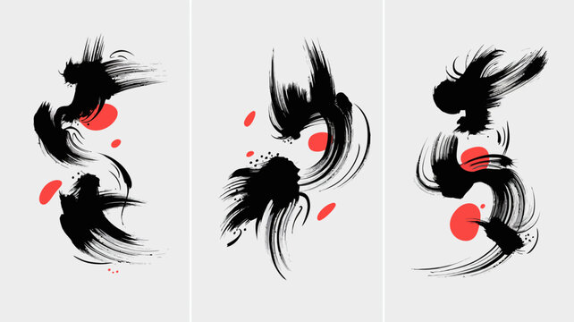 abstract brushstroke triptych artwork black red white background painting contemporary modern expressionism minimalist graphic design visual art composition pattern texture stroke