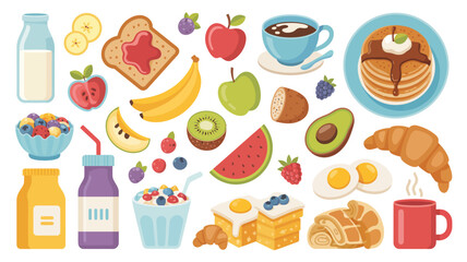 breakfast food collection vector illustration colorful pancake croissant banana apple toast jam coffee milk berry watermelon avocado egg cereal juice white © MdRafiqul