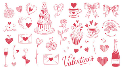 valentine s day doodles line art valentines hearts flowers cake bow cupcake wine envelope illustration red white background romance love celebration © MdRafiqul