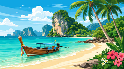 Obraz premium Postcard illustration of Phuket with longtail boat, turquoise bay, palm trees and bright beach holiday mood.