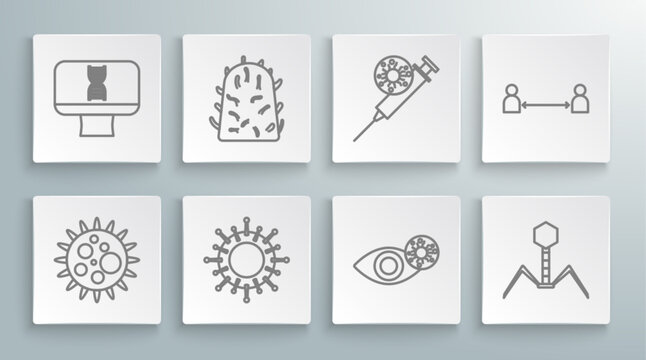 Set line Virus, Rabies virus, Reddish eye due to, Bacteria bacteriophage, Syringe and, Safe distance and DNA spiral computer icon. Vector