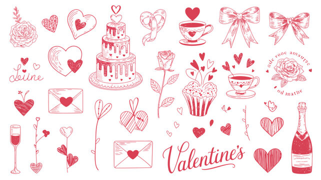 valentine s day doodles line art valentines hearts flowers cake bow cupcake wine envelope illustration red white background romance love celebration