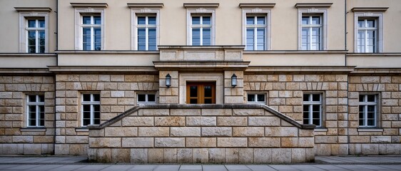 Obraz premium A stunning view of a beautifully designed building facade highlighting classic architecture elements and symmetry, evoking a sense of elegance and history in urban settings.