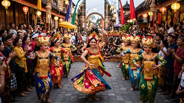 Beautiful Balinese dancers executing coordinated movements in golden costumes during a festival in a village street.