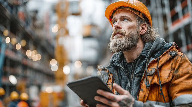 Construction worker with beard wearing orange safety helmet and jacket holding digital tablet in warehouse environment with blurred background and bokeh lights