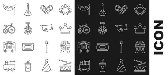 Set line Drum with drum sticks, Target, Jester hat bells, Monkey, Unicycle or one wheel bicycle, Vintage, Festive mask and Cannon icon. Vector © Oksana