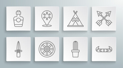 Set line Dagger, Hexagram sheriff, Old wooden wheel, Cactus peyote in pot, Kayak or canoe and paddle, Indian teepee wigwam, Crossed arrows and Tequila bottle icon. Vector © Oksana