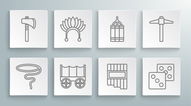Set line Lasso, Indian headdress with feathers, Wild west covered wagon, Pan flute, Game dice, Dynamite bomb, Pickaxe and Tomahawk icon. Vector