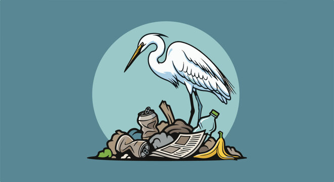 White egret stands on pile of trash in front of light blue circle