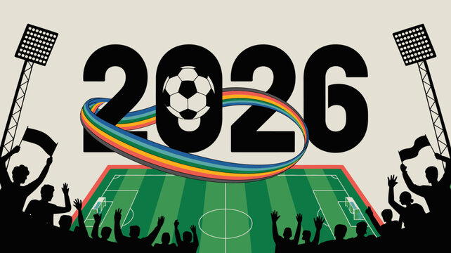 football stadium scene vector illustration soccer 2026 ball field crowd silhouette fans lights sport event competition tournament championship goal pitch celebration